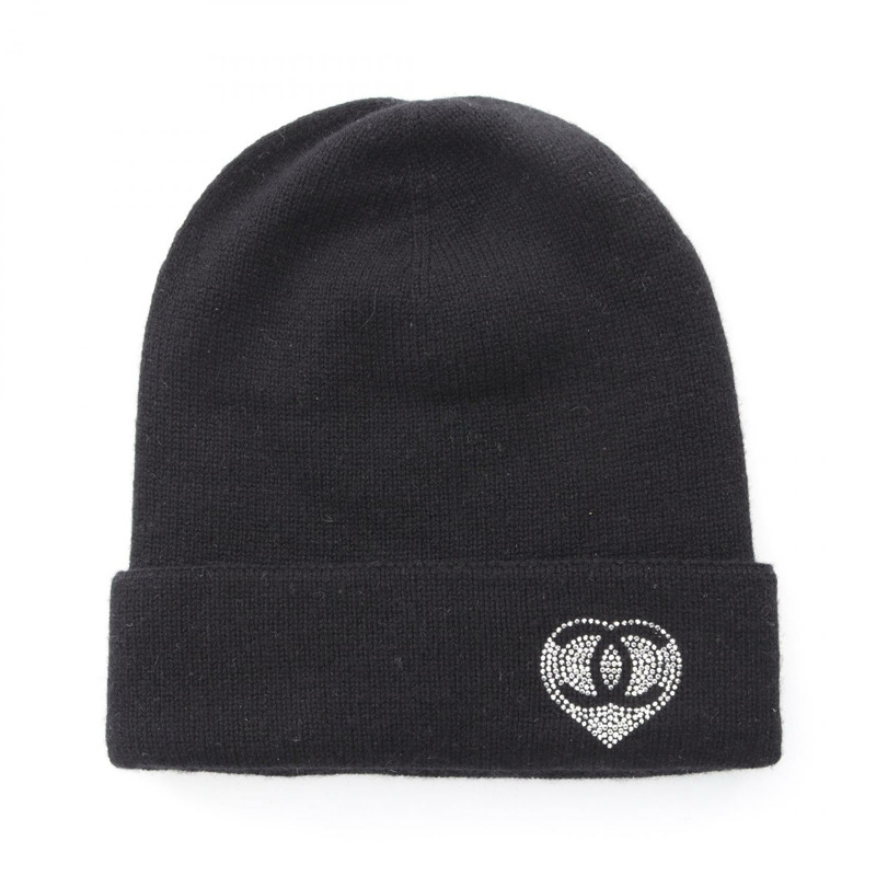 香奈兒 COCO 標誌針織帽，羊絨材質，黑色，二手女款-0