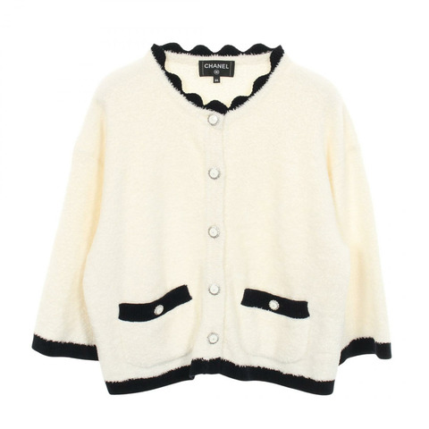 香奈兒 COCO 標誌紐扣開襟針織絲白色海軍藍二手女款 34 碼