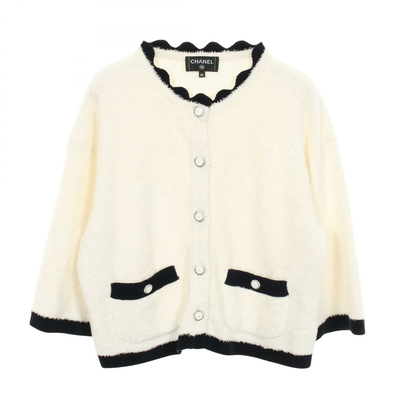 香奈兒 COCO 標誌紐扣開襟針織絲白色海軍藍二手女款 34 碼-0