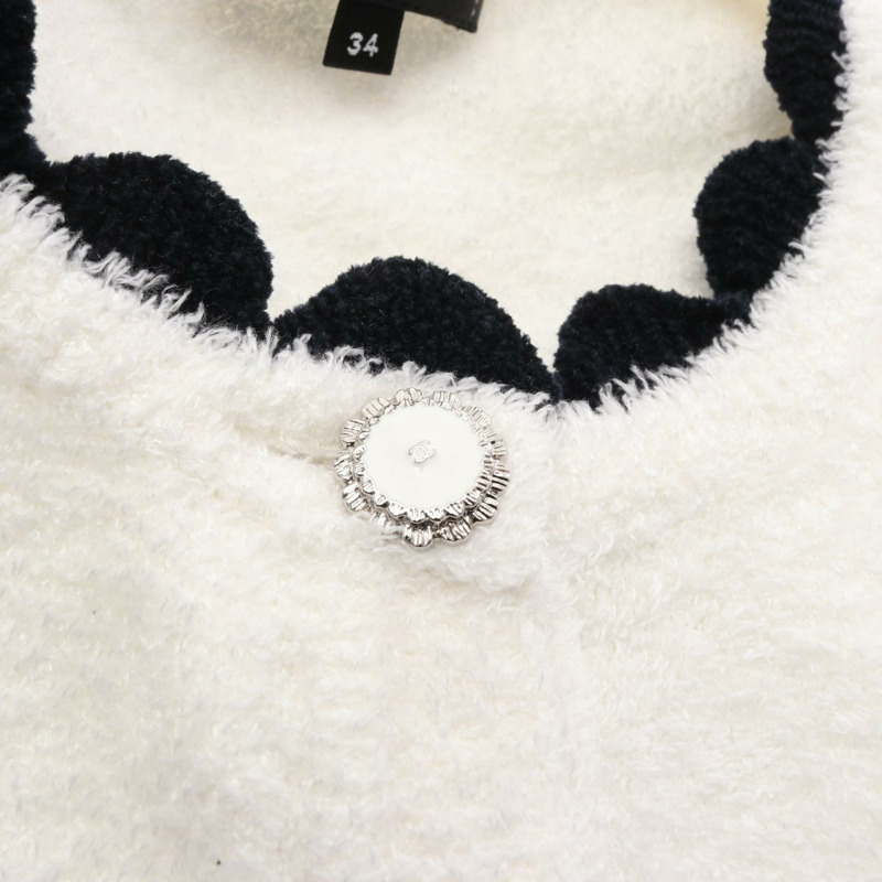 香奈兒 COCO 標誌紐扣開襟針織絲白色海軍藍二手女款 34 碼-5