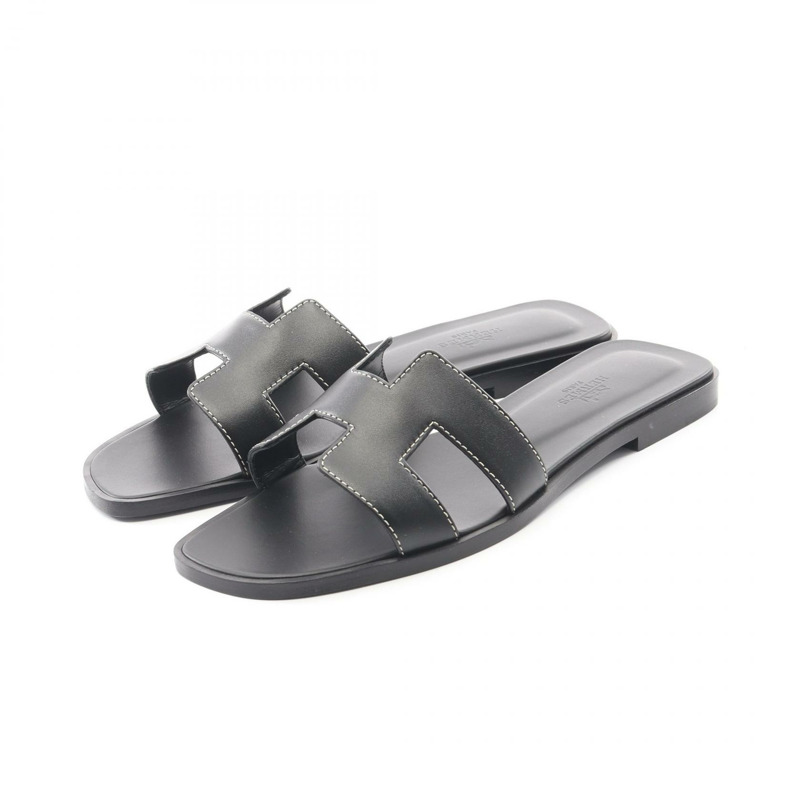 愛馬仕 Oran 黑色真皮涼鞋,尺寸 37.5,二手女款-0