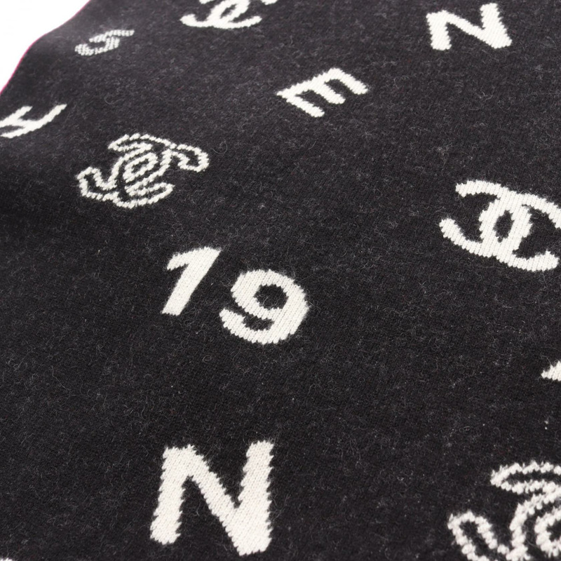 香奈兒 COCO 標誌圍巾披肩,羊絨氨綸混紡,黑色/粉紅色,二手-3