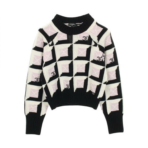 香奈兒 COCO 標誌針織羊絨衫 黑白紫 #38 二手 女士 CC