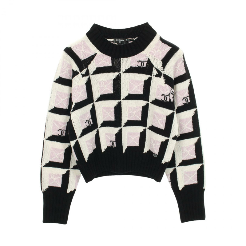 香奈兒 COCO 標誌針織羊絨衫 黑白紫 #38 二手 女士 CC-0