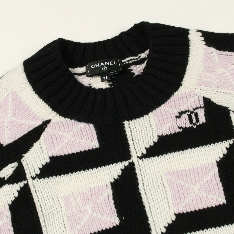香奈兒 COCO 標誌針織羊絨衫 黑白紫 #38 二手 女士 CC-5