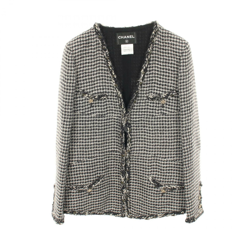 香奈兒 COCO 標誌紐扣斜紋軟呢外套,莫赫亞海軍藍/白色,二手女款-0