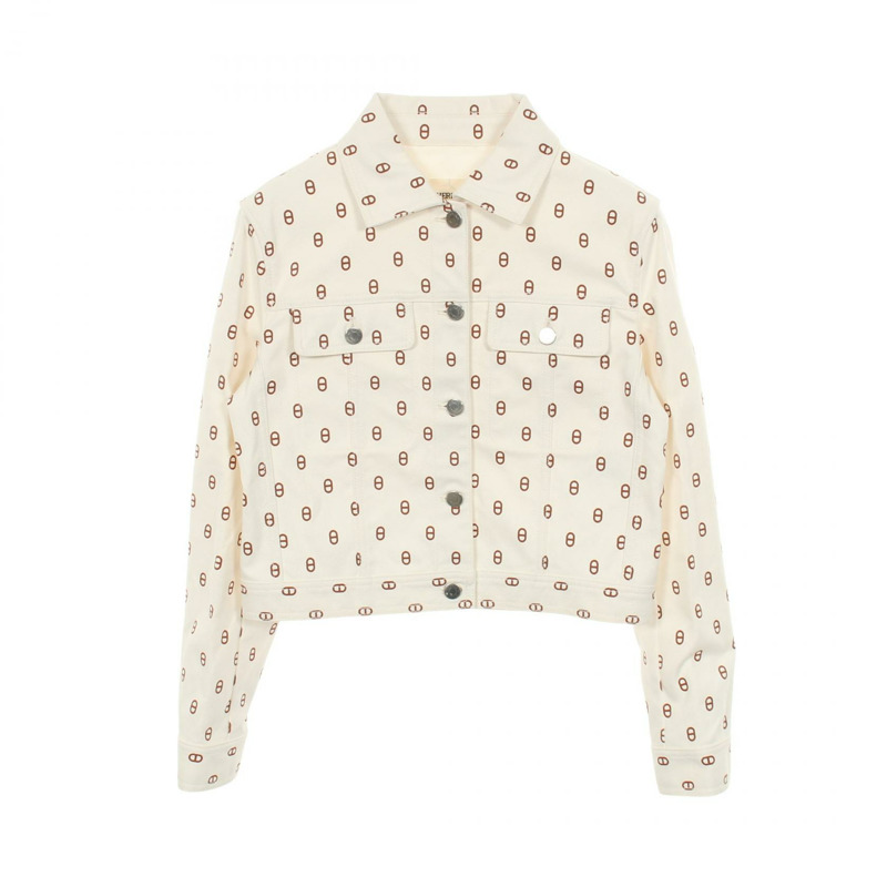 愛馬仕 Chaine dancre 牛仔夾克，棉質，白色/棕色，二手，女款，38 碼-0