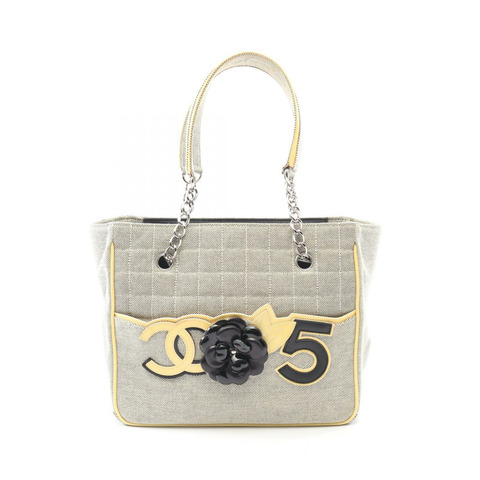 香奈兒山茶花5號巧克力棒手提包，帆布漆皮灰色，配金屬扣，二手