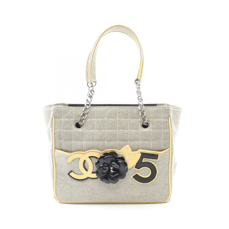 香奈兒山茶花5號巧克力棒手提包,帆布漆皮灰色,配金屬扣,二手-0