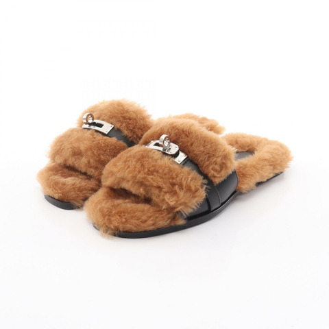 愛馬仕 Julia Kelly 扣環穆勒鞋，棕色/黑色真皮剪絨，二手女款 #36