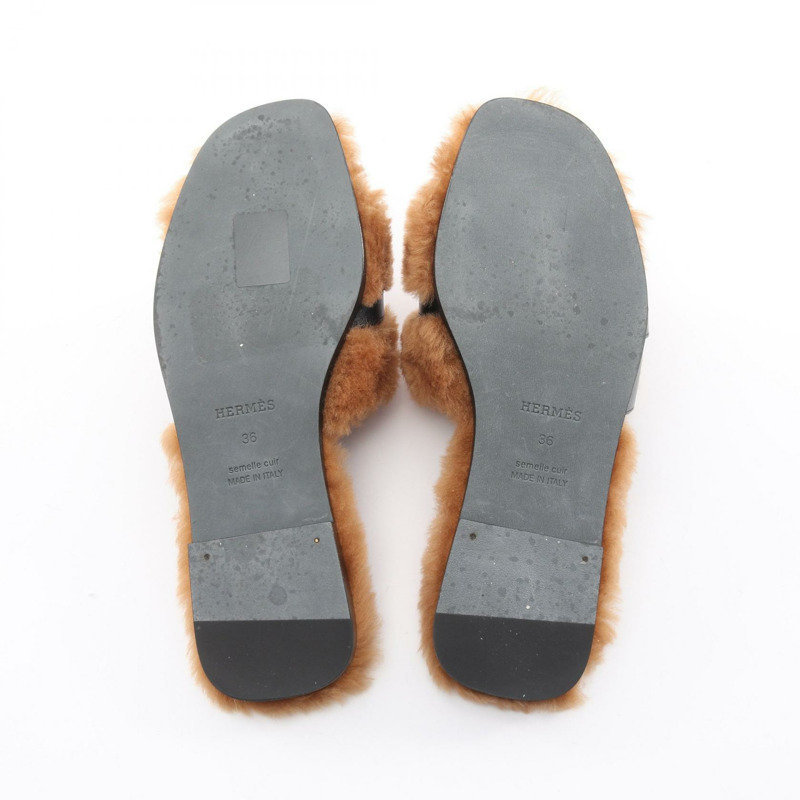 愛馬仕 Julia Kelly 扣環穆勒鞋，棕色/黑色真皮剪絨，二手女款 #36-3