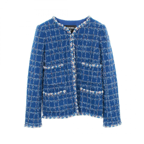 香奈兒 COCO 標誌紐帶斜紋軟呢外套 P73947 V65556 棉 藍色 二手 女款