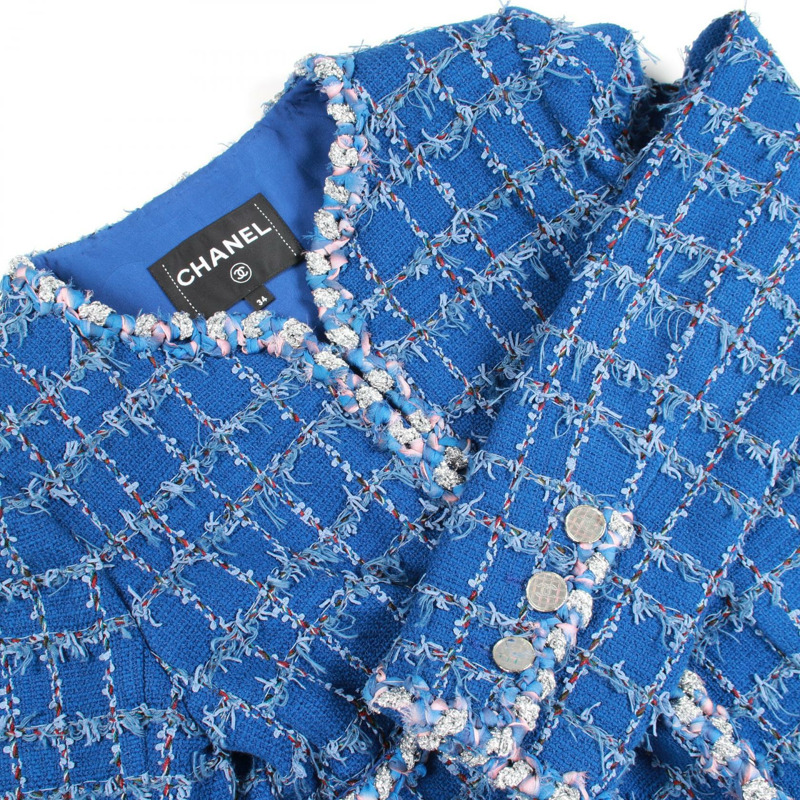 香奈兒 COCO 標誌紐帶斜紋軟呢外套 P73947 V65556 棉 藍色 二手 女款-9