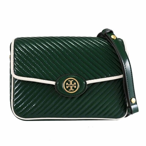 【TORY BURCH】斜紋漆皮翻蓋復古風斜背包-祖母綠