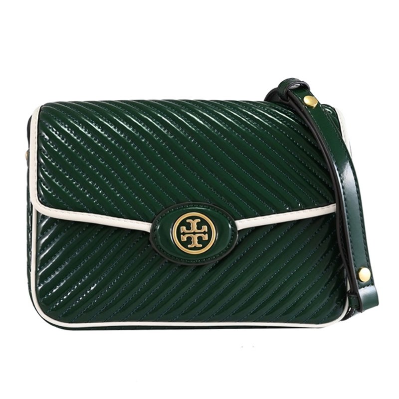 【TORY BURCH】斜紋漆皮翻蓋復古風斜背包-祖母綠-0