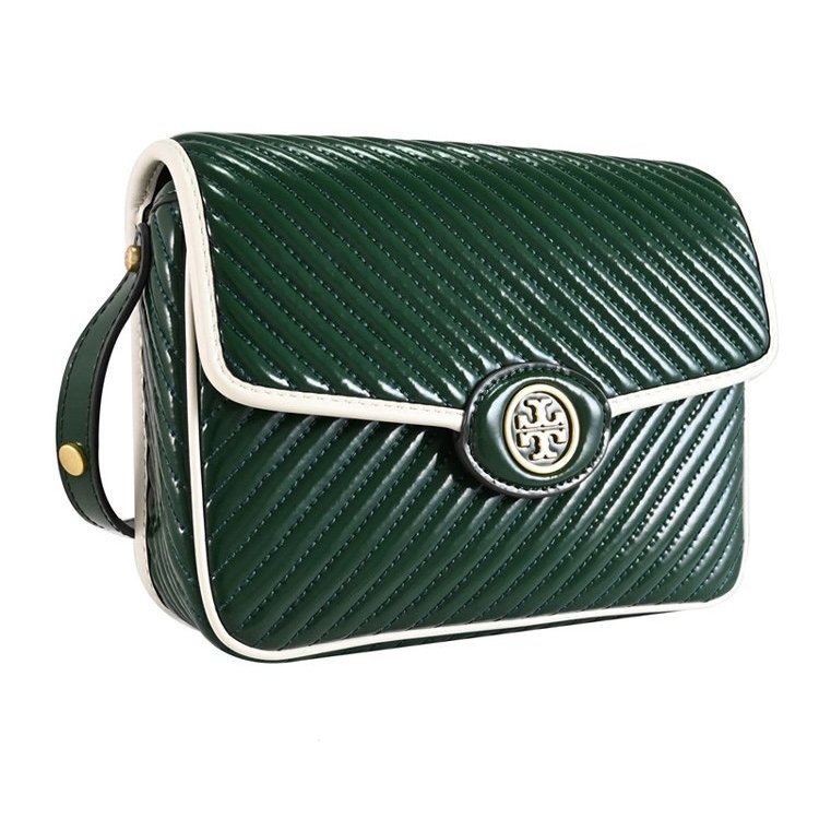 【TORY BURCH】斜紋漆皮翻蓋復古風斜背包-祖母綠-2