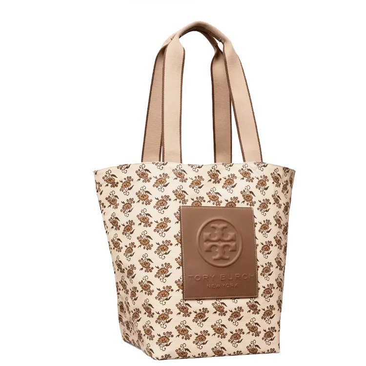 【TORY BURCH】大款帆布手提包-米白底咖啡花-1