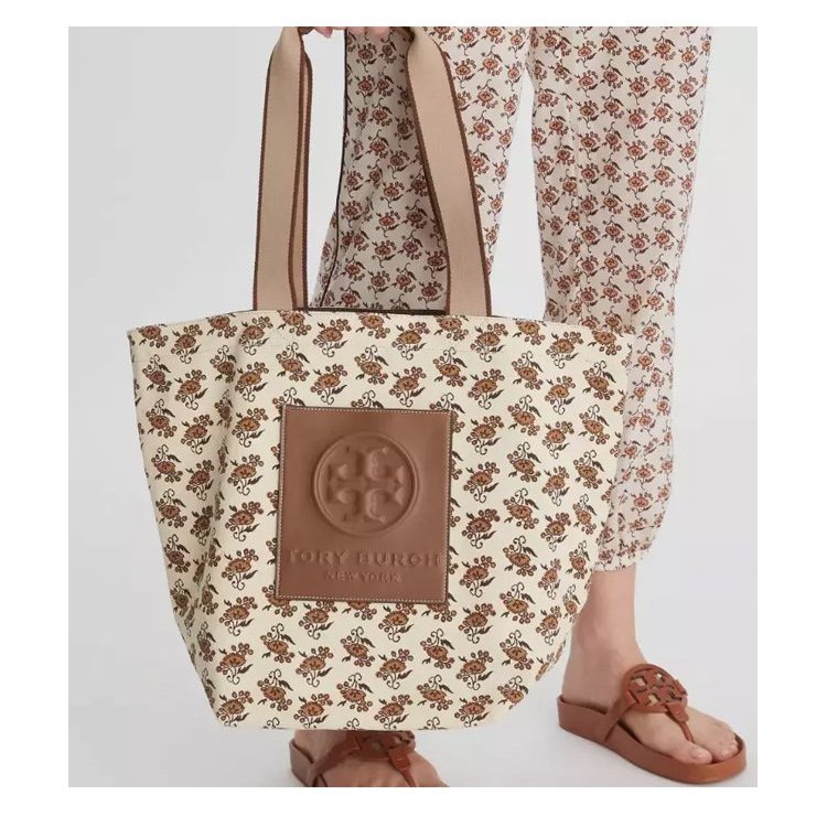 【TORY BURCH】大款帆布手提包-米白底咖啡花-3