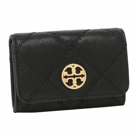【TORY BURCH】高質感真皮菱格紋翻蓋零錢包-黑