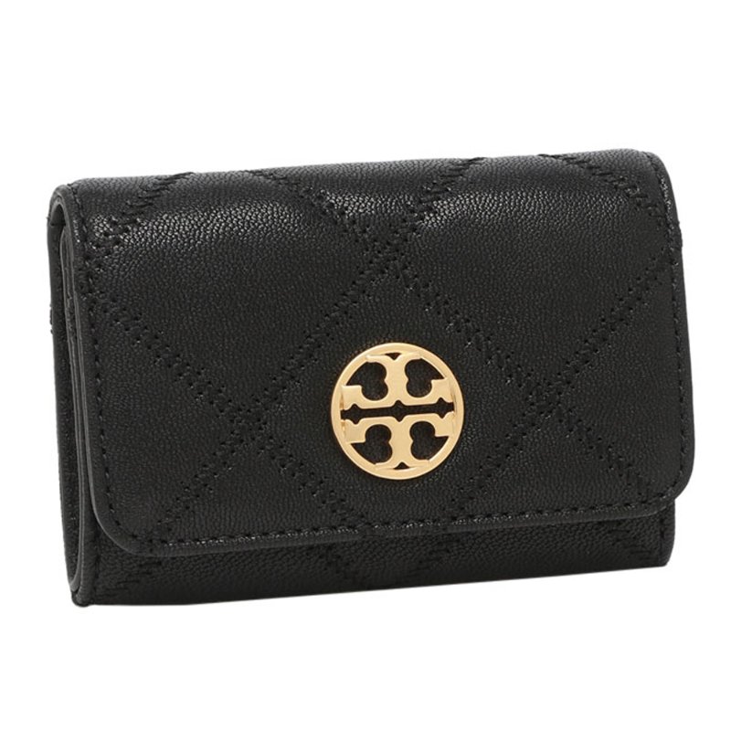 【TORY BURCH】高質感真皮菱格紋翻蓋零錢包-黑-0