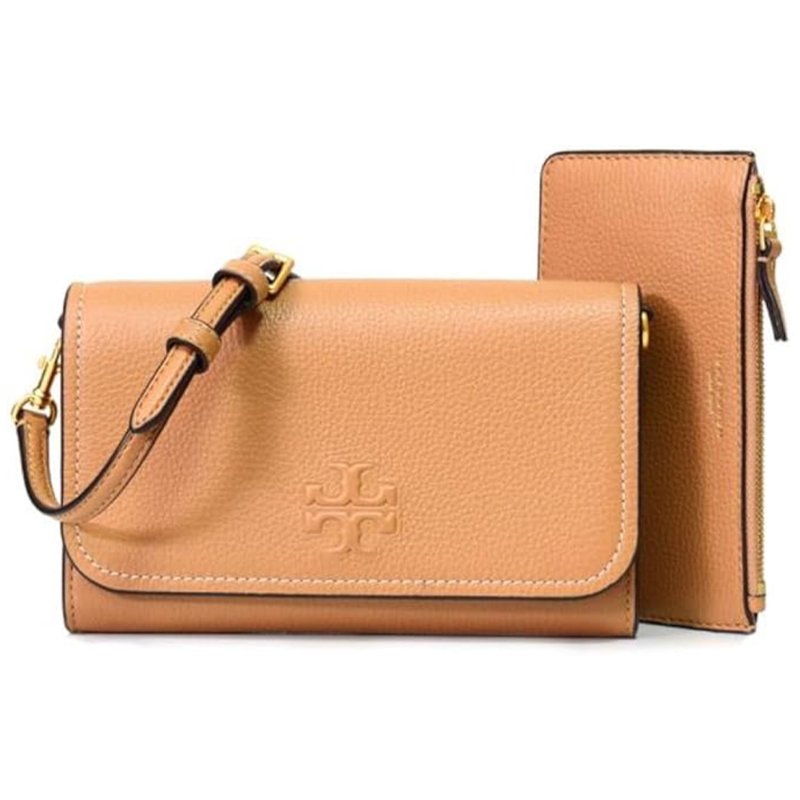 【TORY BURCH】素面皮革翻蓋斜背包-焦糖-4