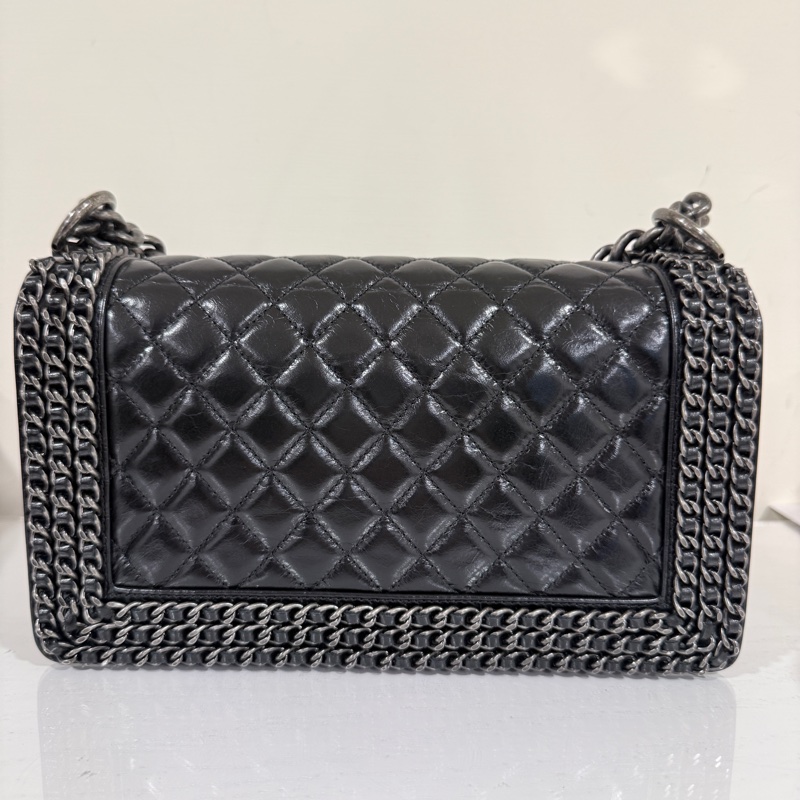 Chanel✨黑色銀釦 油蠟皮 鏈條滾邊 leboy25-13