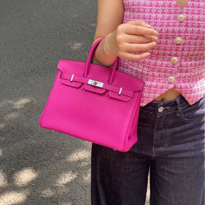 HERMÈS/愛馬仕 Birkin 25 玉蘭粉 進口 TOGO皮 銀扣 手提單肩包 C刻 防塵袋-0