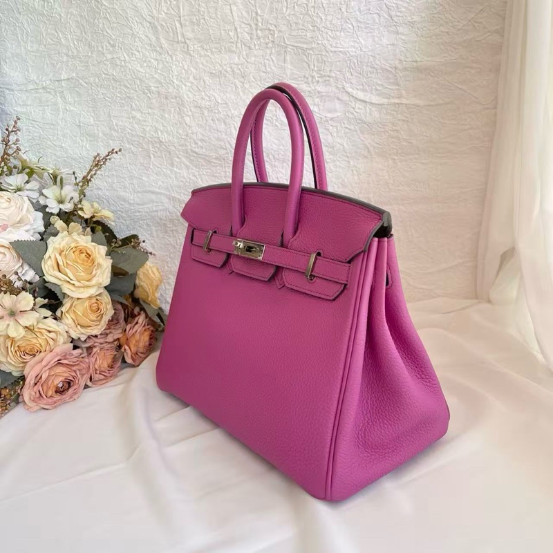 HERMÈS/愛馬仕 Birkin 25 玉蘭粉 進口 TOGO皮 銀扣 手提單肩包 C刻 防塵袋-3