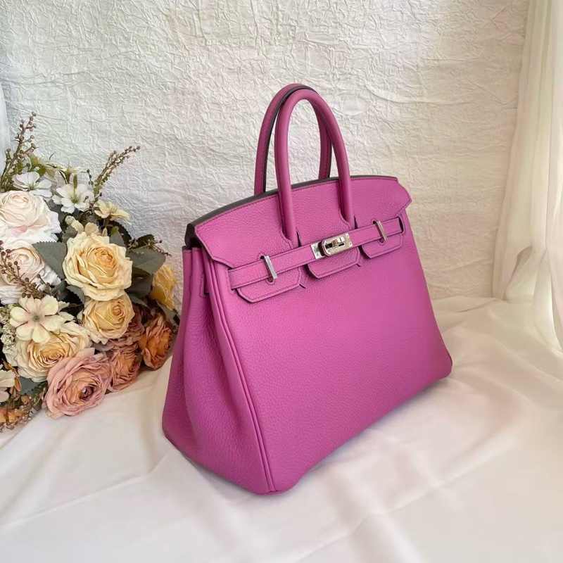 HERMÈS/愛馬仕 Birkin 25 玉蘭粉 進口 TOGO皮 銀扣 手提單肩包 C刻 防塵袋-4