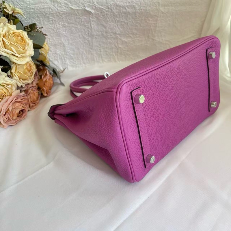 HERMÈS/愛馬仕 Birkin 25 玉蘭粉 進口 TOGO皮 銀扣 手提單肩包 C刻 防塵袋-5