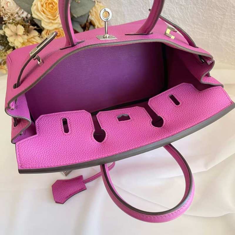 HERMÈS/愛馬仕 Birkin 25 玉蘭粉 進口 TOGO皮 銀扣 手提單肩包 C刻 防塵袋-7