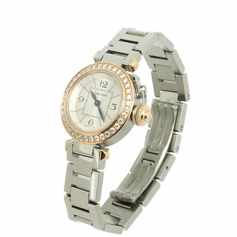 卡地亞 Miss Pasha 雙色腕錶 WJ124021 女士鑽石錶圈,銀色,18K 玫瑰金石英機芯-1