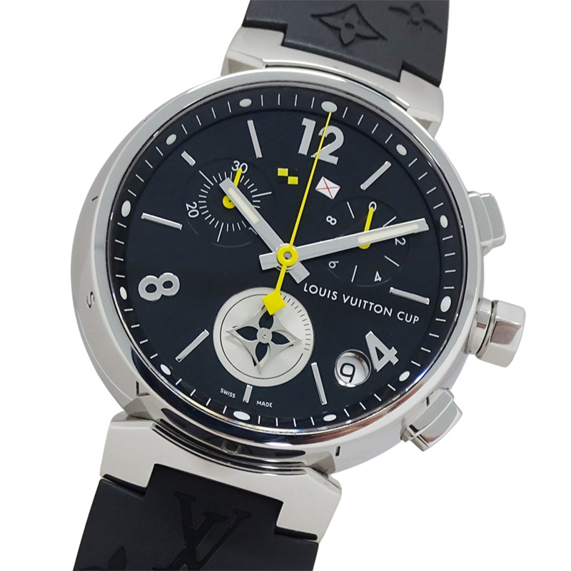 路易威登男士 Tambour Lovely Cup 計時腕錶,帶日期顯示,石英機芯,不銹鋼和橡膠錶帶,Q11BG,拋光-0