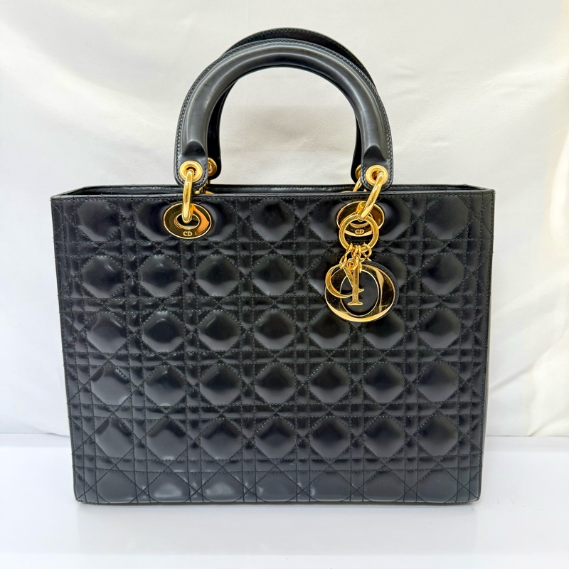 迪奧 DIOR 黛妃包 藤格紋漆皮大號黑色-0