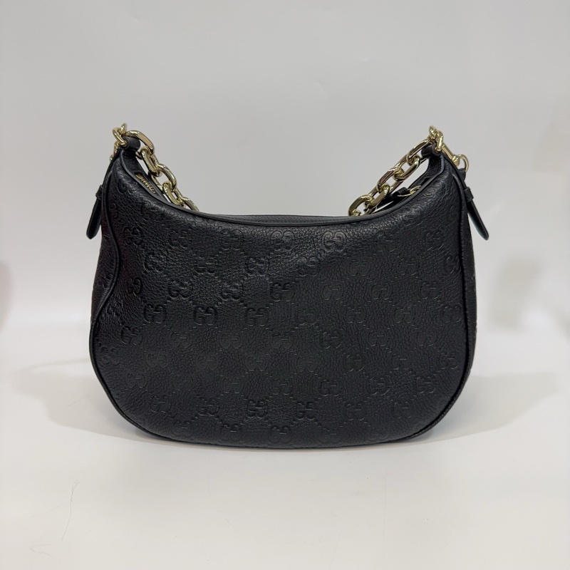 GUCCI黑壓紋牛皮淡金釦兩用彎月包820453-3