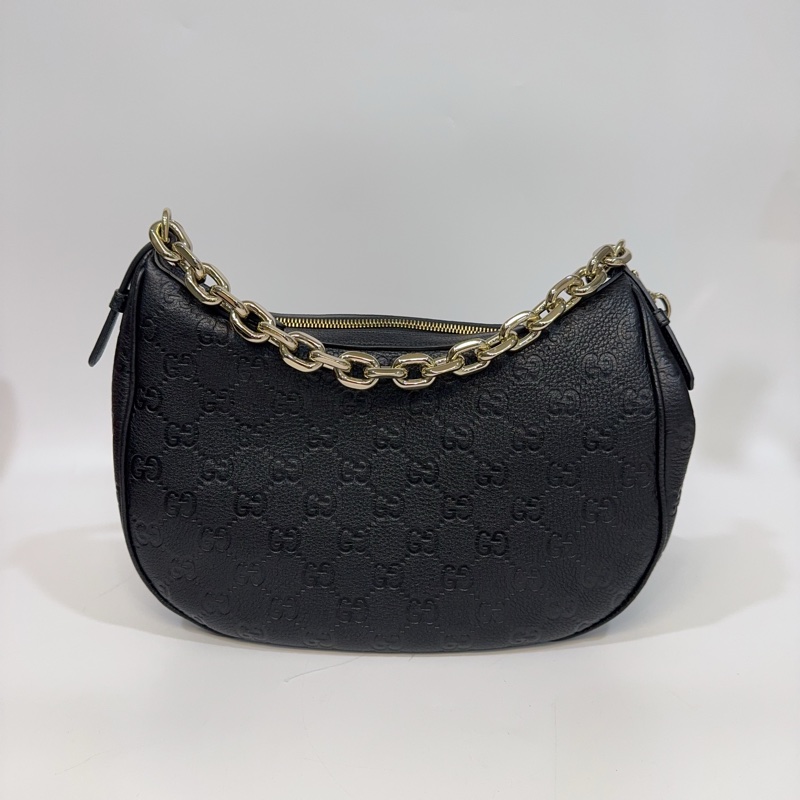 GUCCI黑壓紋牛皮淡金釦兩用彎月包820453-4