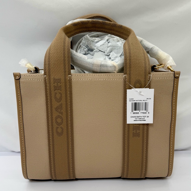 COACH 蔻馳 SMITH 織帶LOGO 帆布兩用托特包 奶茶色-1