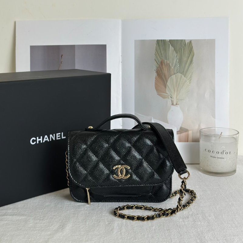 CHANEL 粒面牛皮郵差包 - mini黑金-0