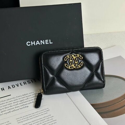 CHANEL 19 24C羊皮拉鍊零錢包 - 黑金