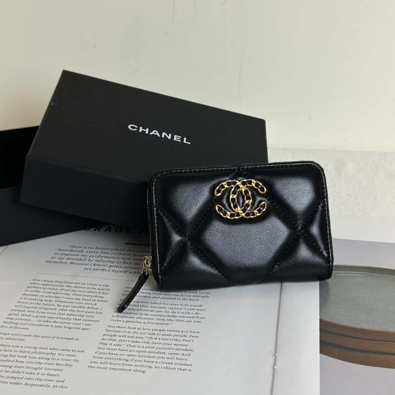 CHANEL 19 24C羊皮拉鍊零錢包 - 黑金-1