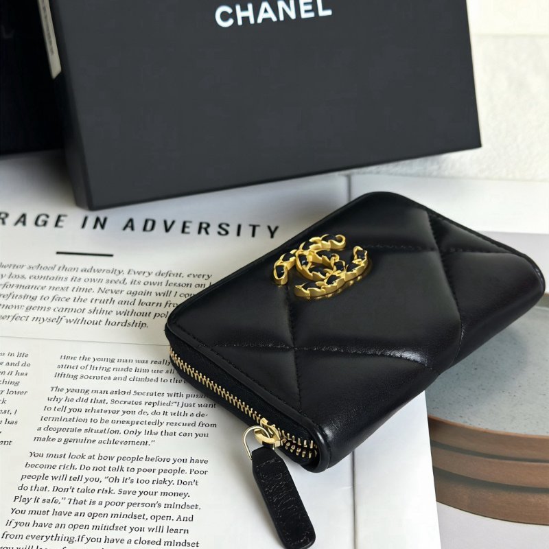 CHANEL 19 24C羊皮拉鍊零錢包 - 黑金-2