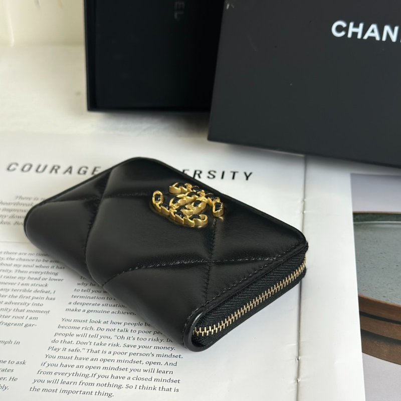 CHANEL 19 24C羊皮拉鍊零錢包 - 黑金-3