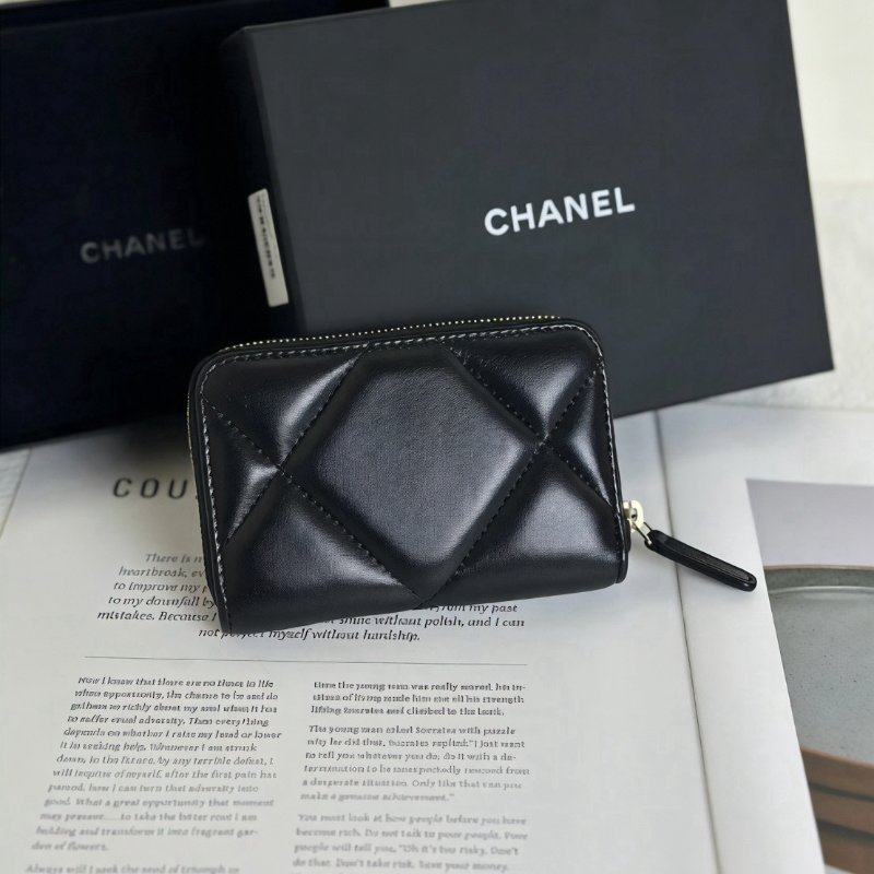 CHANEL 19 24C羊皮拉鍊零錢包 - 黑金-4