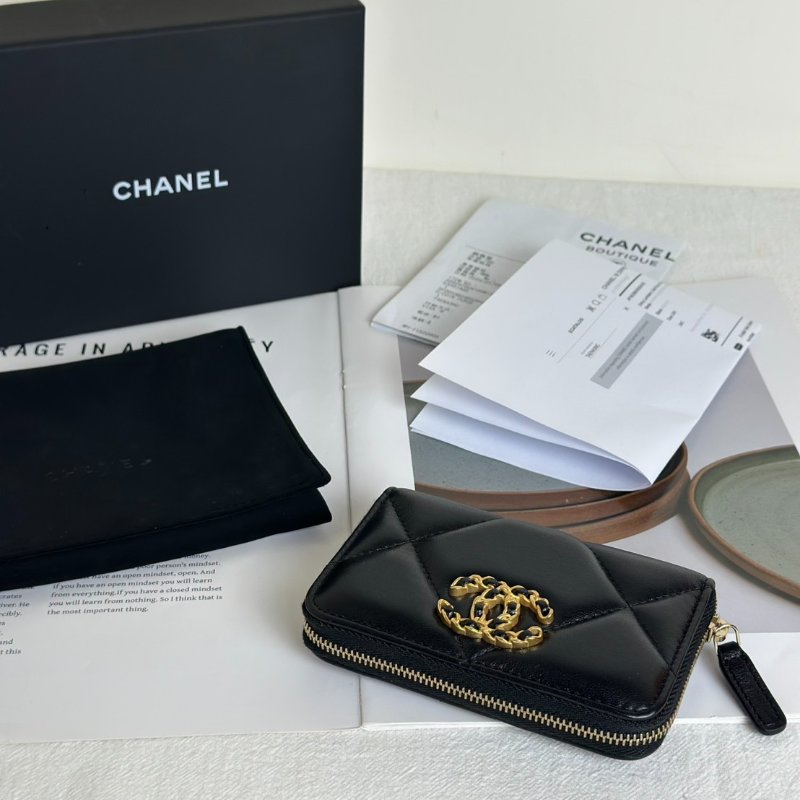 CHANEL 19 24C羊皮拉鍊零錢包 - 黑金-6