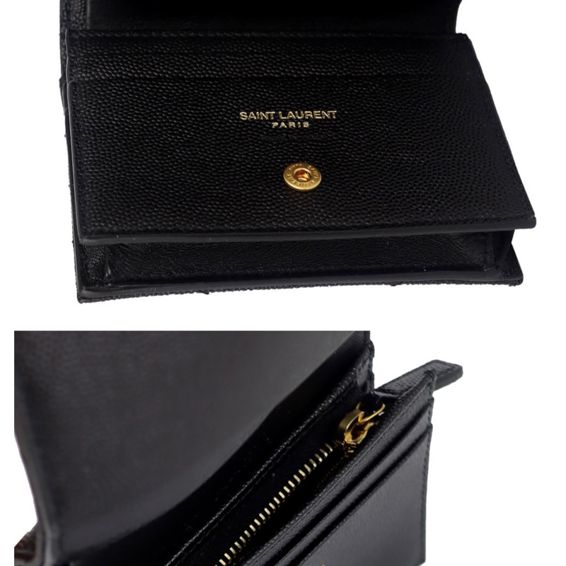 YSL MONOGRAM 珍珠紋V型牛皮金字LOGO翻蓋短夾(黑色/拉鍊夾層)-6