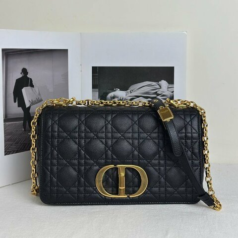 DIOR Caro藤格紋斜背包 - 中號黑金