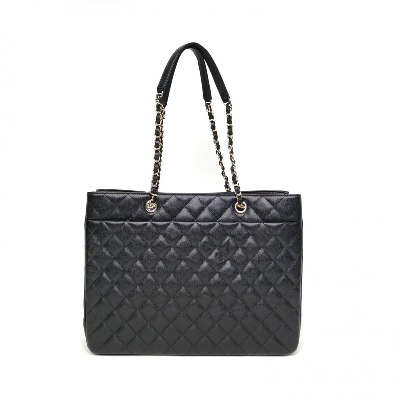 CHANEL 黑色荔枝牛皮晶片開淺金扣新款GSTtote包購物袋肩背包-2