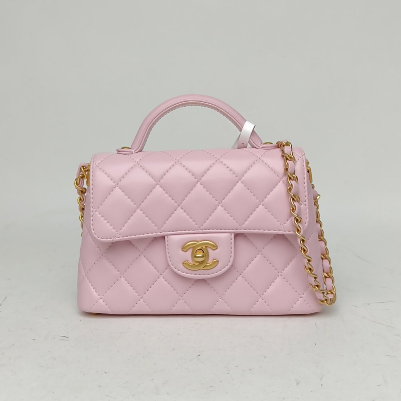 CHANEL 25P手柄Kelly單皮穿鏈手提單肩包粉色羊皮晶片開金扣-0