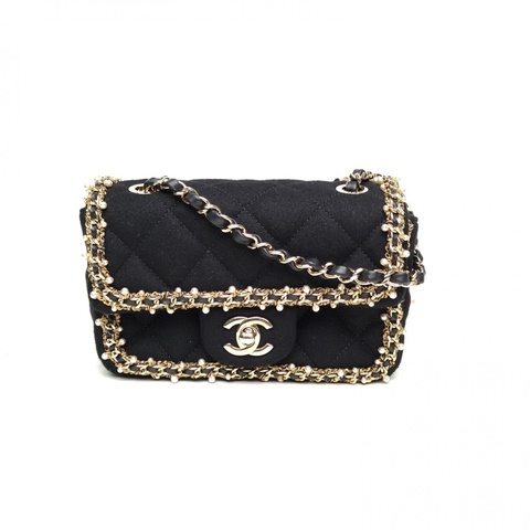 CHANEL 黑色毛呢晶片開金扣手工坊系列珍珠滾邊大mini肩背包