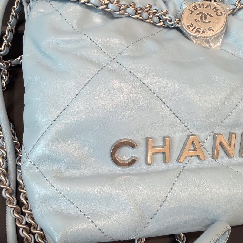 CHANEL✨22bag mini垃圾袋Hobo 購物袋 水藍/寶寶藍-6